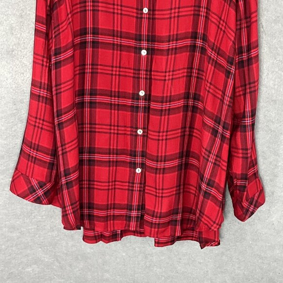 J Jill Top‎ Womens Sz 1X Red Black Plaid Corduroy Button Up Pleated Shirt Blouse - Picture 6 of 12